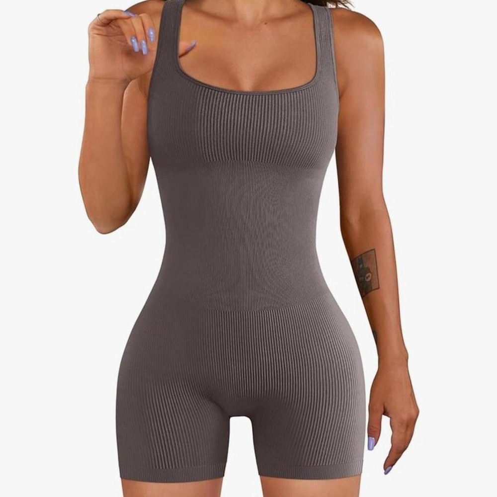 OQQ Women Yoga Rompers Workout Ribbed Square Neck Sleeveless Sport Romper